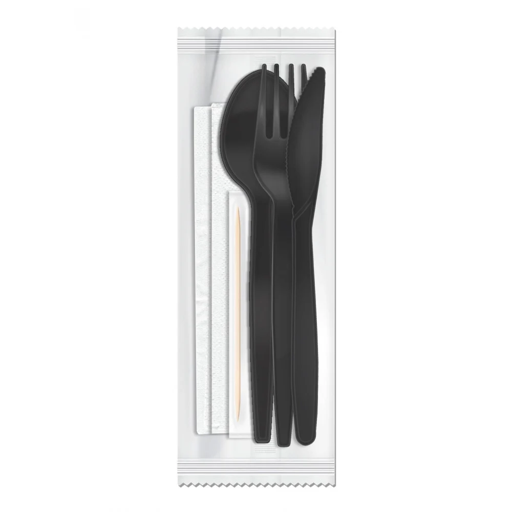 vip Black Wrapped Plastic Cutlery Set 4 in 1 - 500 pcs