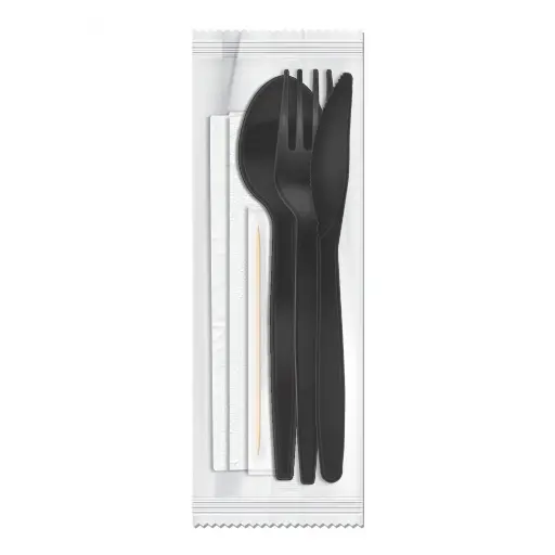 [BA0005609] vip Black Wrapped Plastic Cutlery Set 4 in 1 - 500 pcs